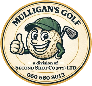 Mulligan's Golf badge: a smiling golf ball in a green cap giving a thumbs up