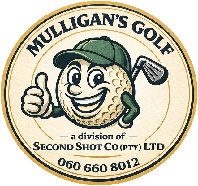 Mulligan's Golf badge: a smiling golf ball in a green cap giving a thumbs up, a division of Second Shot Co (Pty) Ltd
